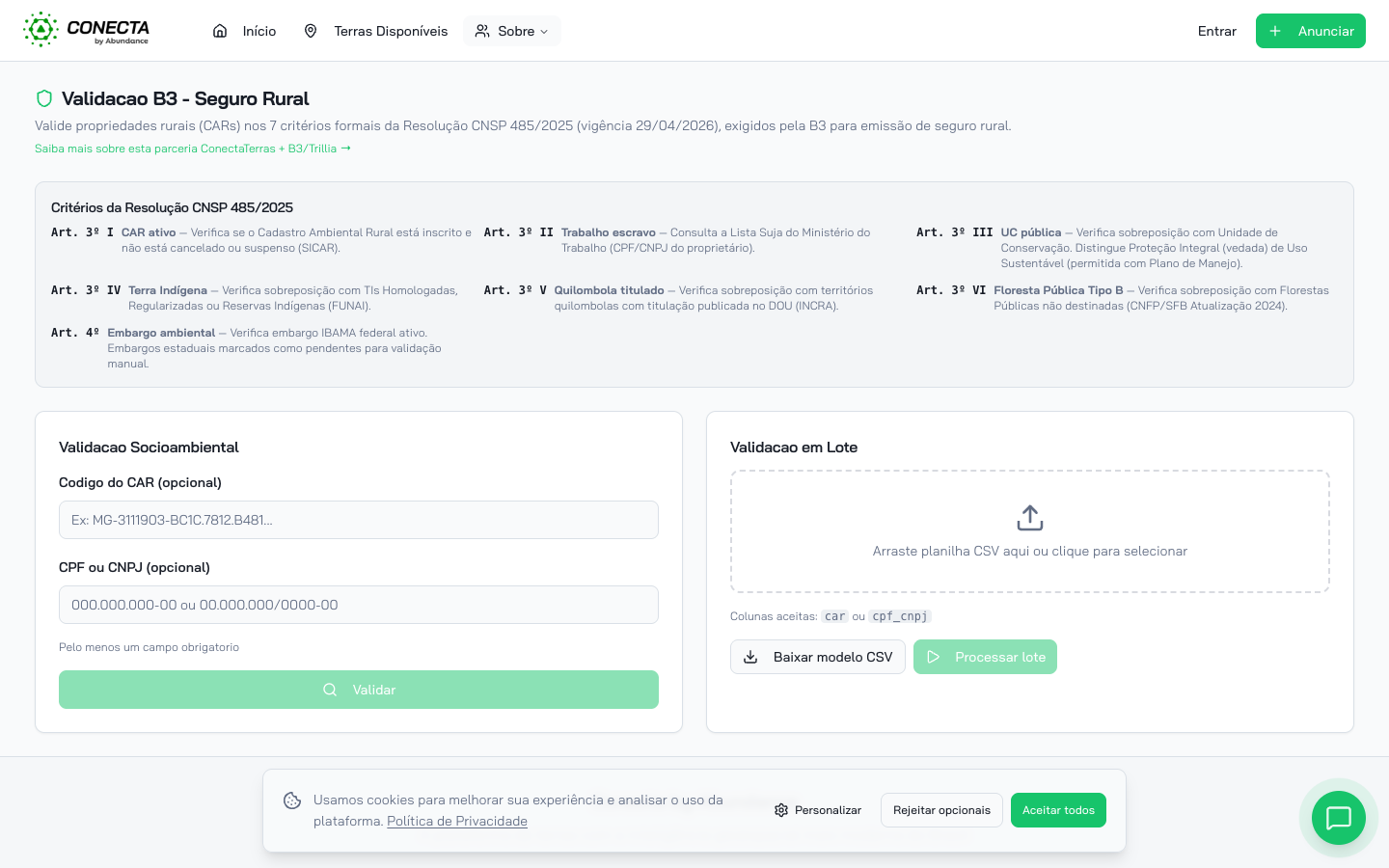 Ferramenta Terra Intelligence — input por CAR/CPF, lote CSV e os 7 critérios socioambientais por imóvel